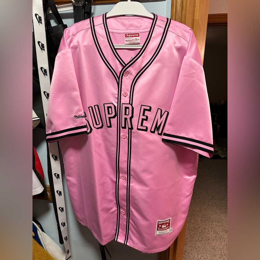 Supreme SS23 Mitchell and Ness Satin Baseball jersey pink 2xl xxl
